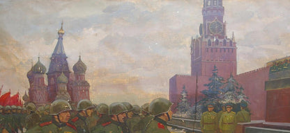 Red-brick Kremlin clock tower with dark green spire and gold accents oil painting