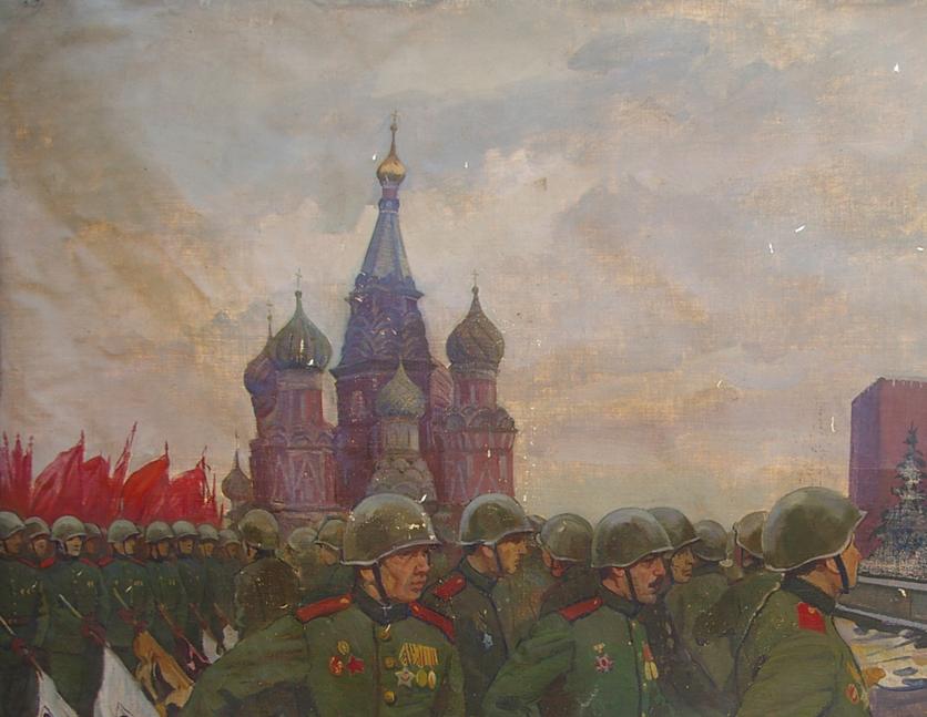 Oil painting by Baroyants Mikhail Sergeevich of soldiers marching past iconic statue