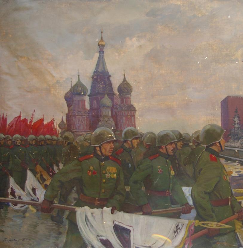 Oil painting by Baroyants Mikhail Sergeevich: military parade with green-uniformed soldiers marching past red domed structure