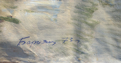 Signed 1973 oil painting by Boris Baranov, Military parade by Baroyants Mikhail Sergeevich