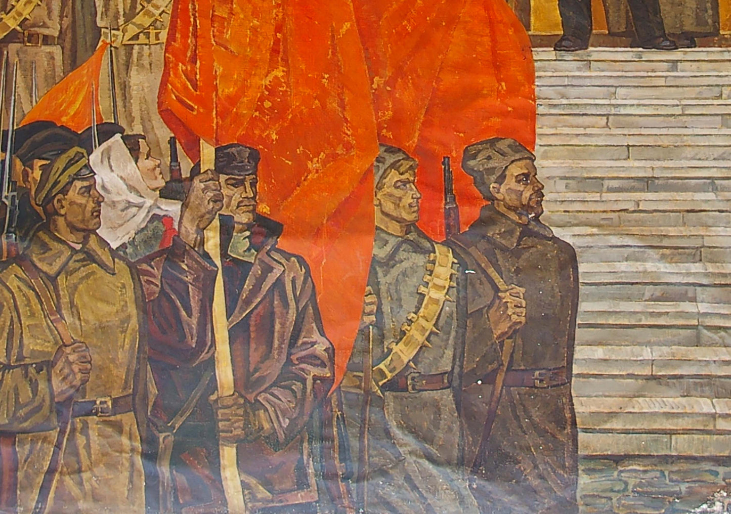 Oil painting October by Lyubavin Yuri Mikhailovich: vibrant orange flag held by soldiers