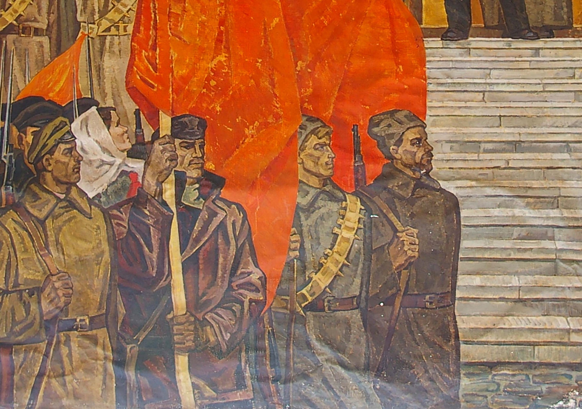 Oil painting October by Lyubavin Yuri Mikhailovich: vibrant orange flag held by soldiers