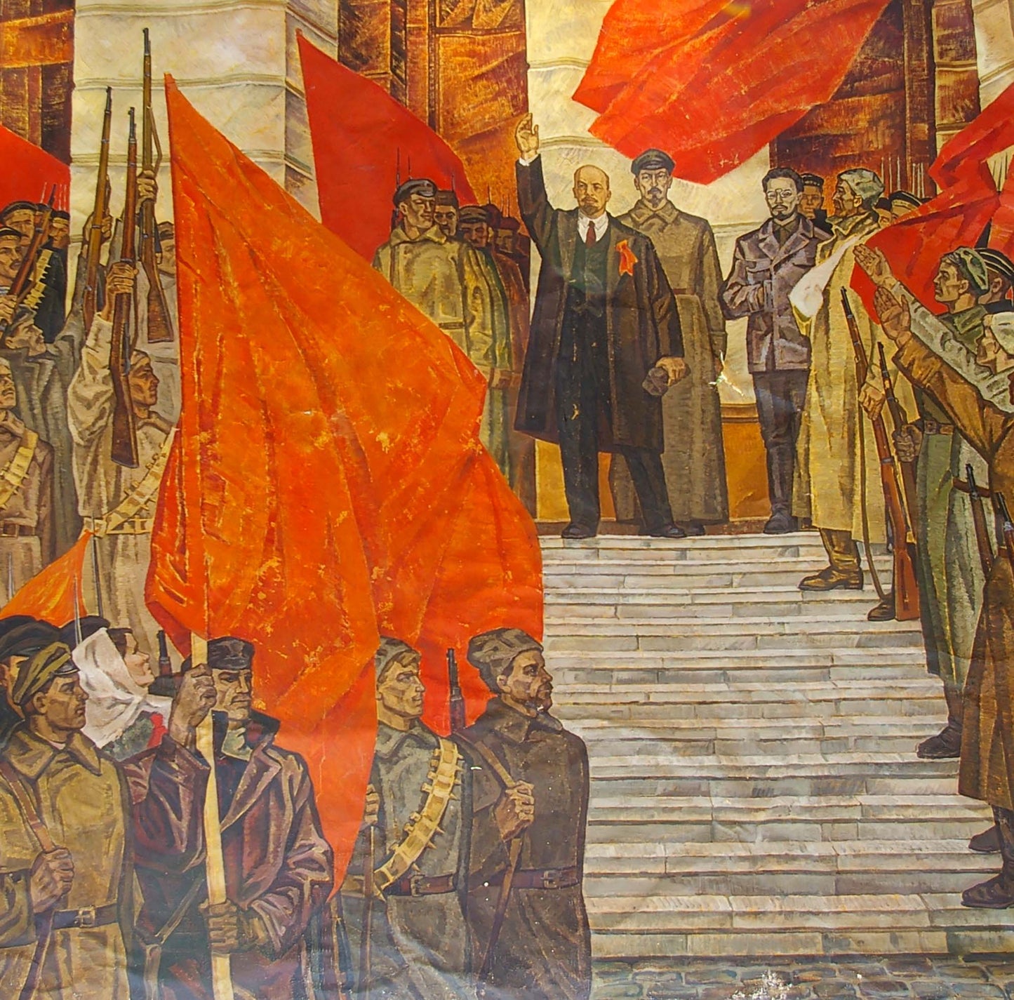Oil painting by Yuri Mikhailovich Lyubavin: soldier carrying vibrant red flag
