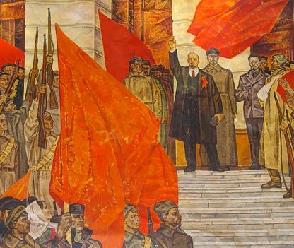 Oil painting October by Yuri Mikhailovich Lyubavin, vibrant red textured flag