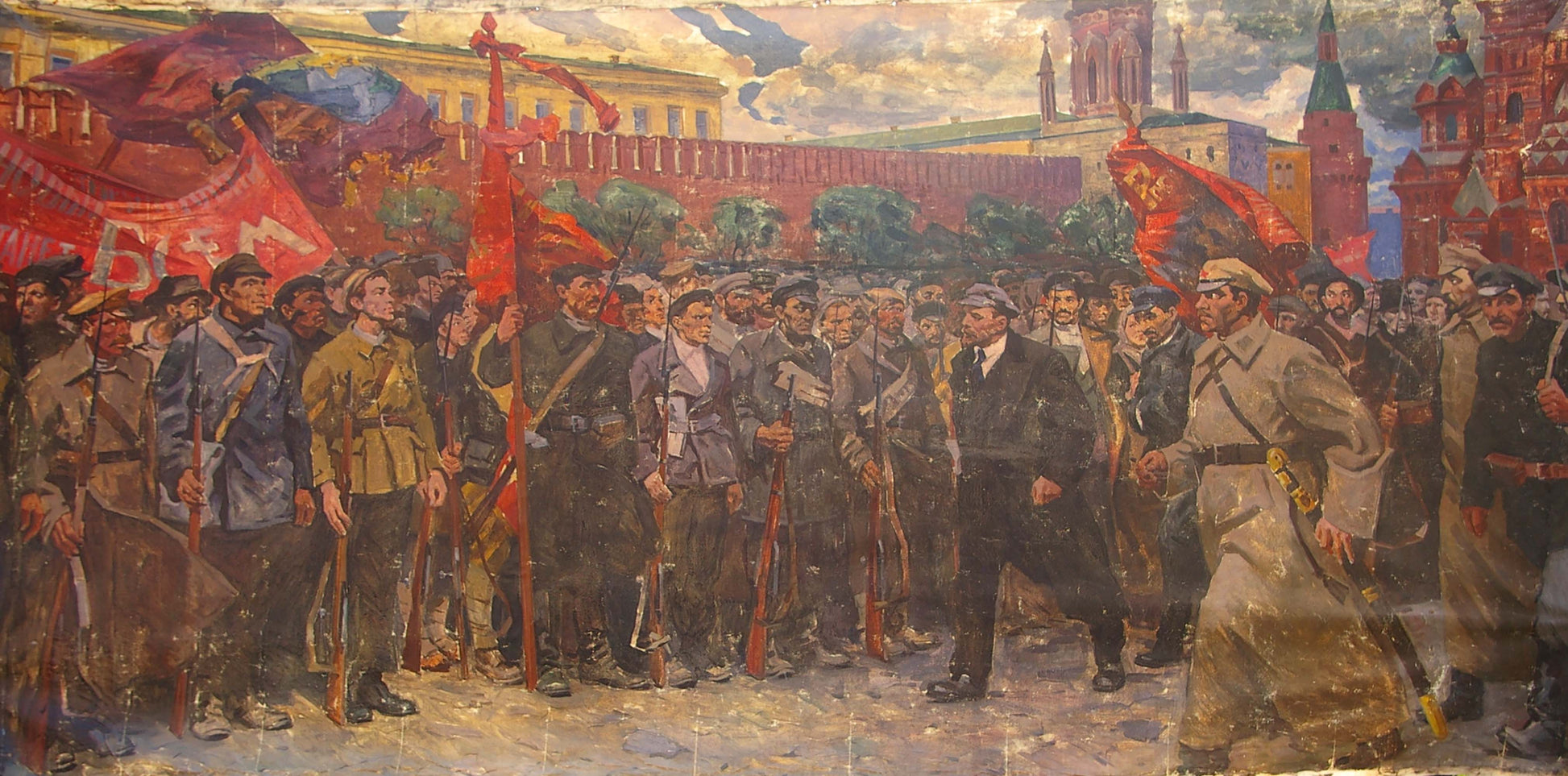 Oil painting of revolutionary soldiers with red flags, M. Kremlin background