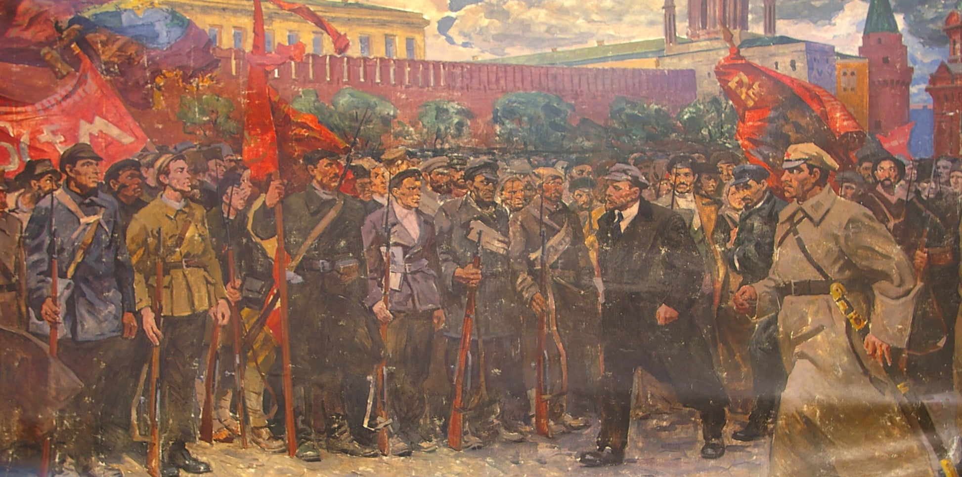 Oil painting of revolutionary soldiers marching with red flags and rifles
