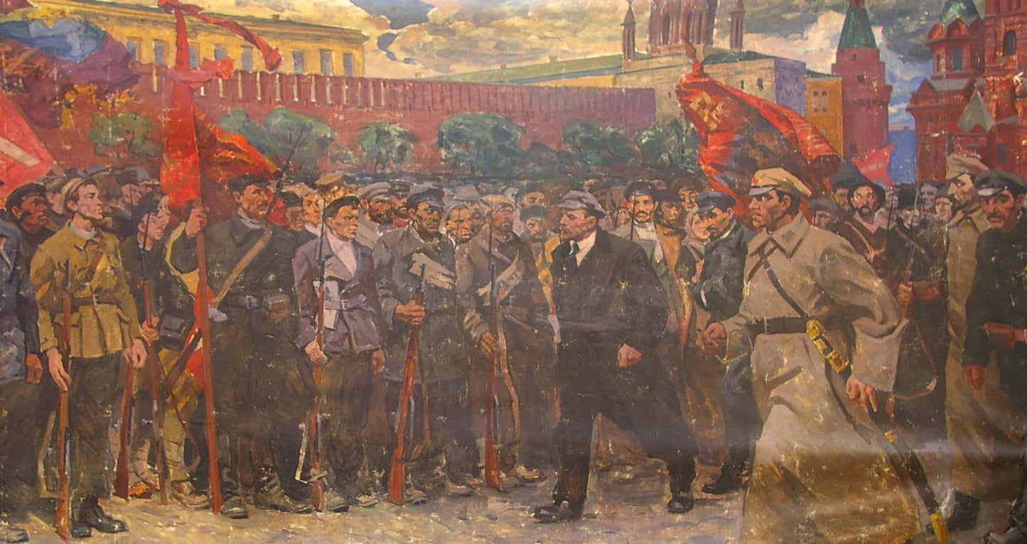 Oil painting of revolutionary soldiers procession with M. Kremlin, unknown artist