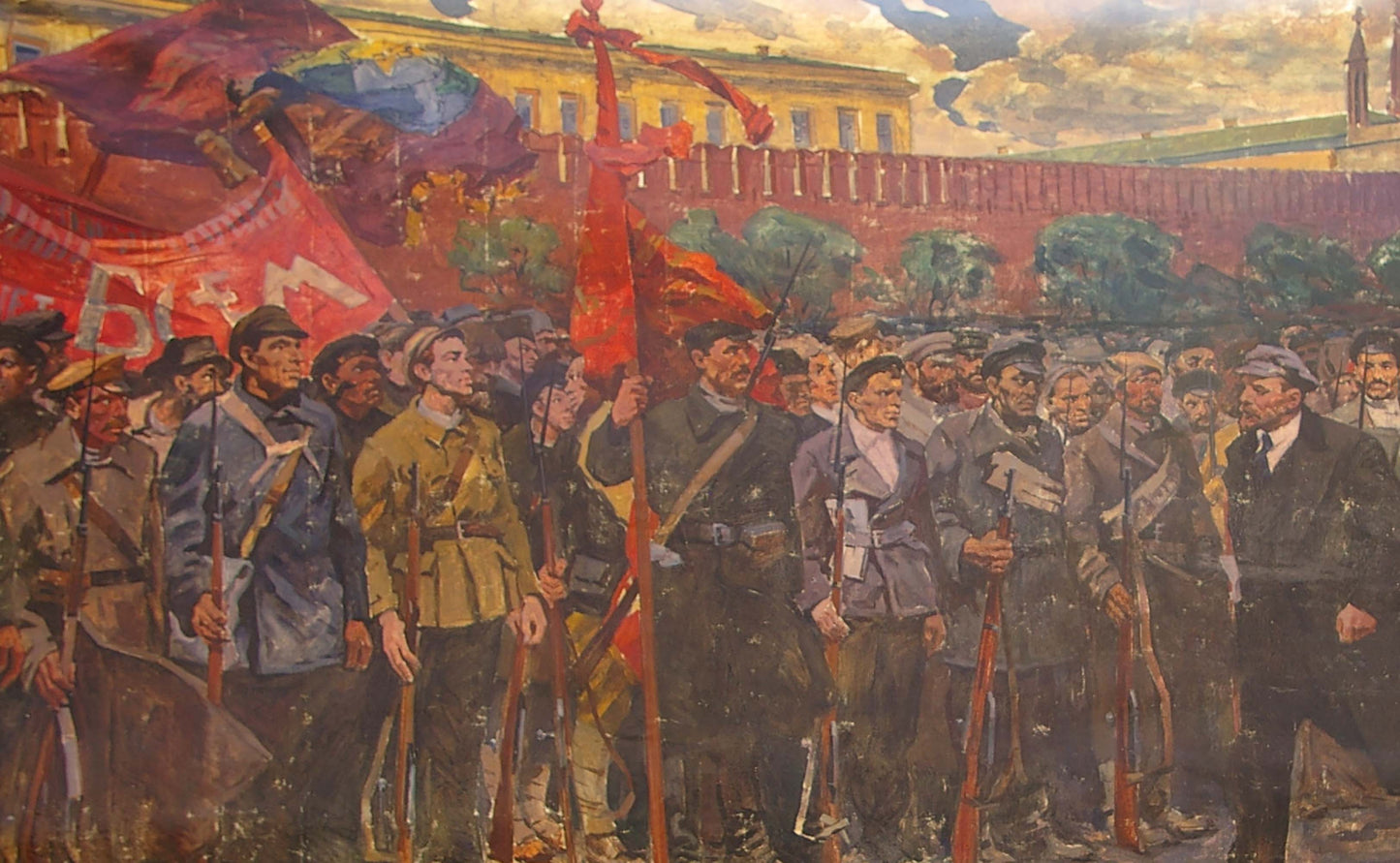 Oil painting Soldiers of the Revolution: red flag with hammer and sickle above marching crowd