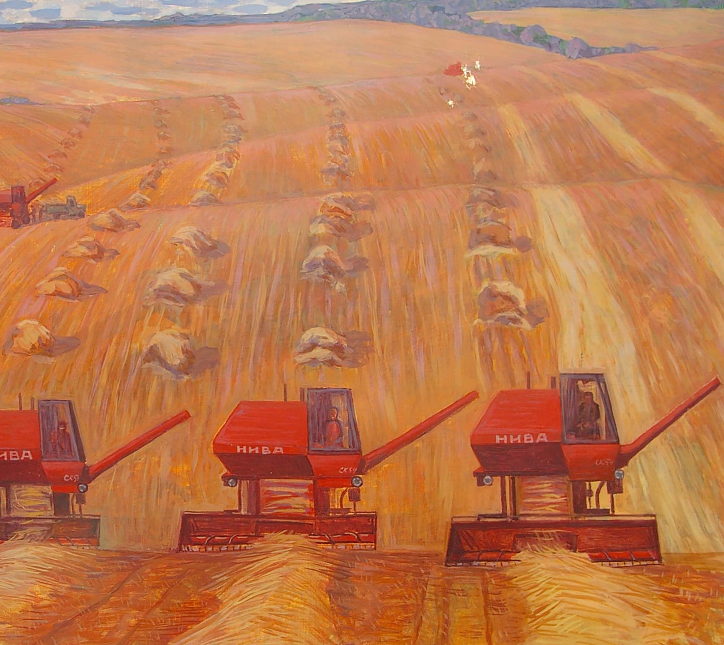 Oil painting by Malyshev Gennady Iosifovich: three red Niva harvesters in golden wheat field