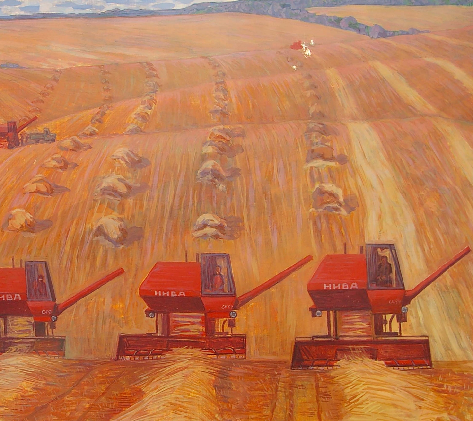Oil painting by Malyshev Gennady Iosifovich: three red Niva harvesters in golden wheat field