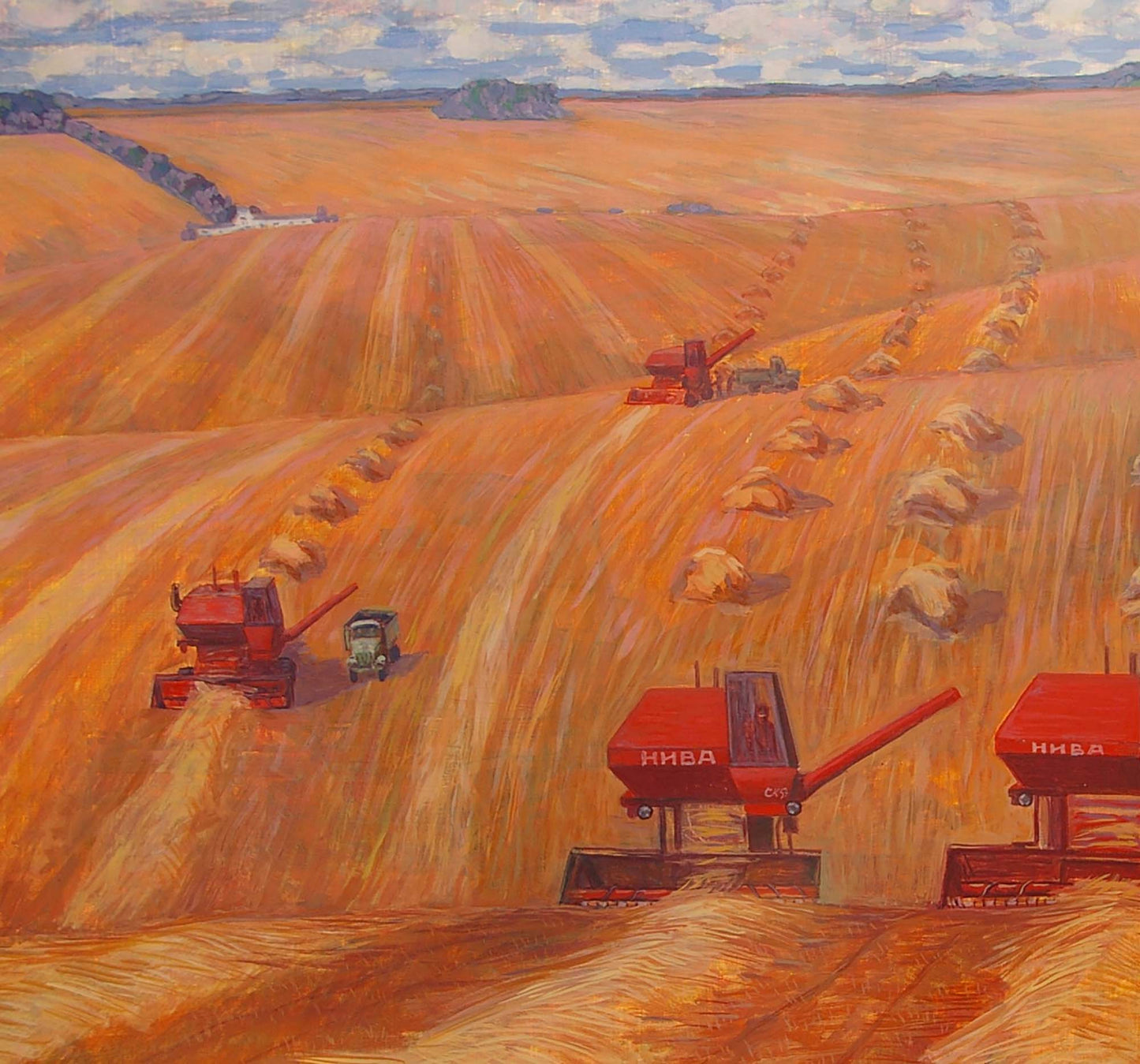 Red Niva kombi harvesters in golden wheat fields oil painting by Malyshev Gennady Iosifovich
