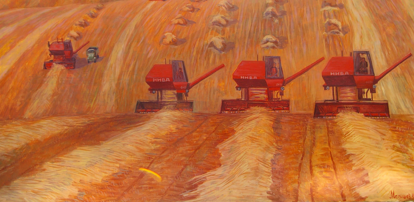 Red KMA combine harvesters with black cabins in oil painting by Malyshev Gennady Iosifovich