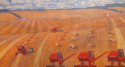 Red Komaz harvesters in golden wheat field oil painting by Malyshev Gennady Iosifovich