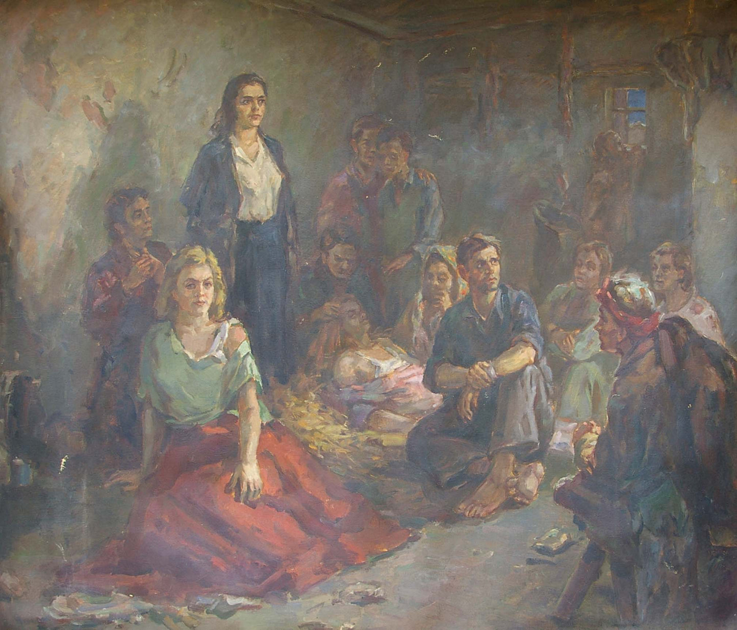 Somber oil painting of Young Guards by Kop Shidlovskiy in rustic interior