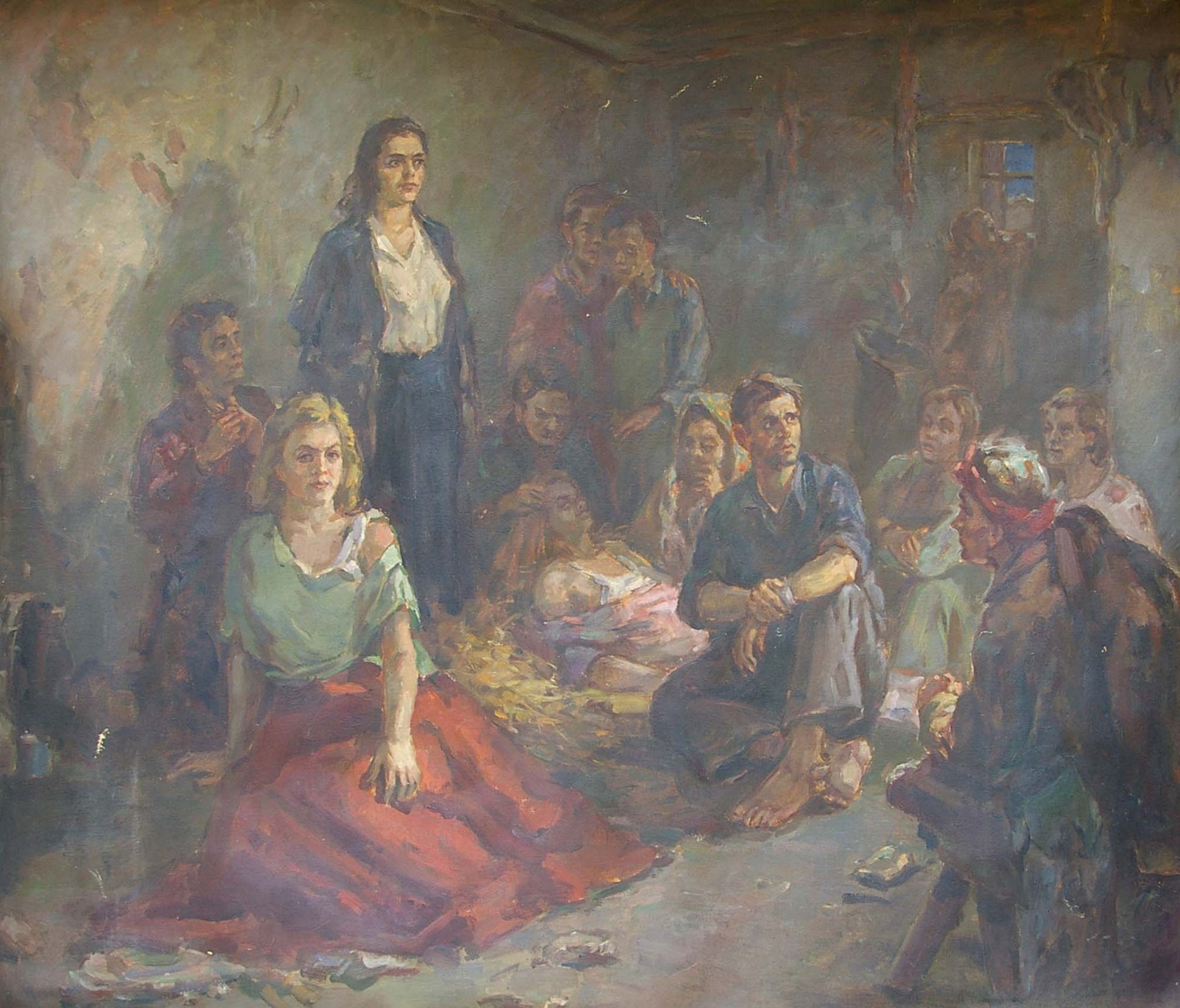 Somber oil painting of Young Guards by Kop Shidlovskiy in rustic interior