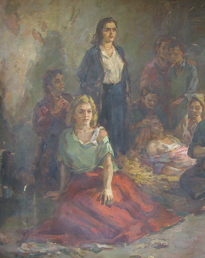Oil painting Young Guards Kop Shidlovskiy with woman in green top and red skirt