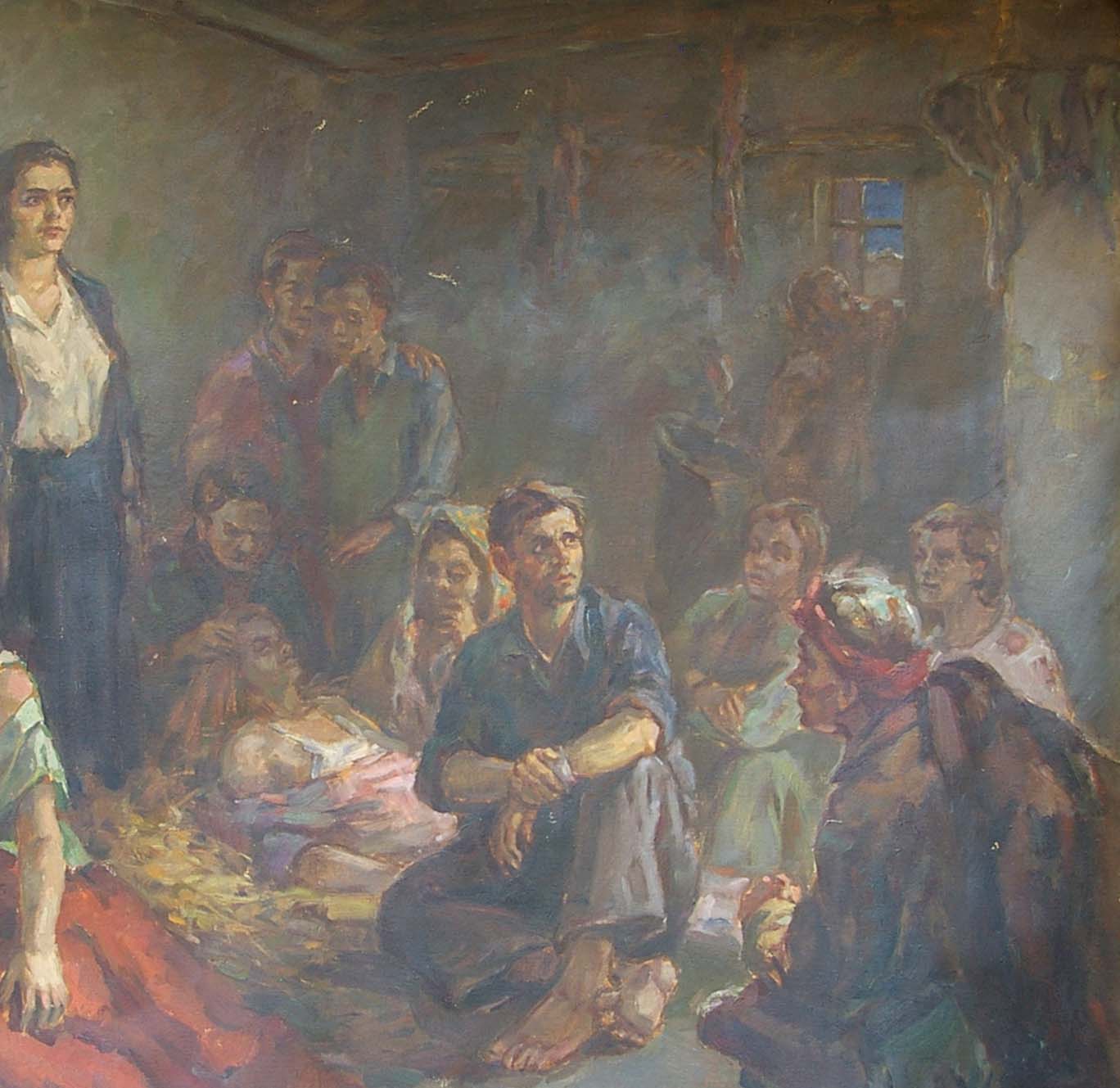 Somber oil painting of Young Guards by Kop Shidlovskiy in rustic interior