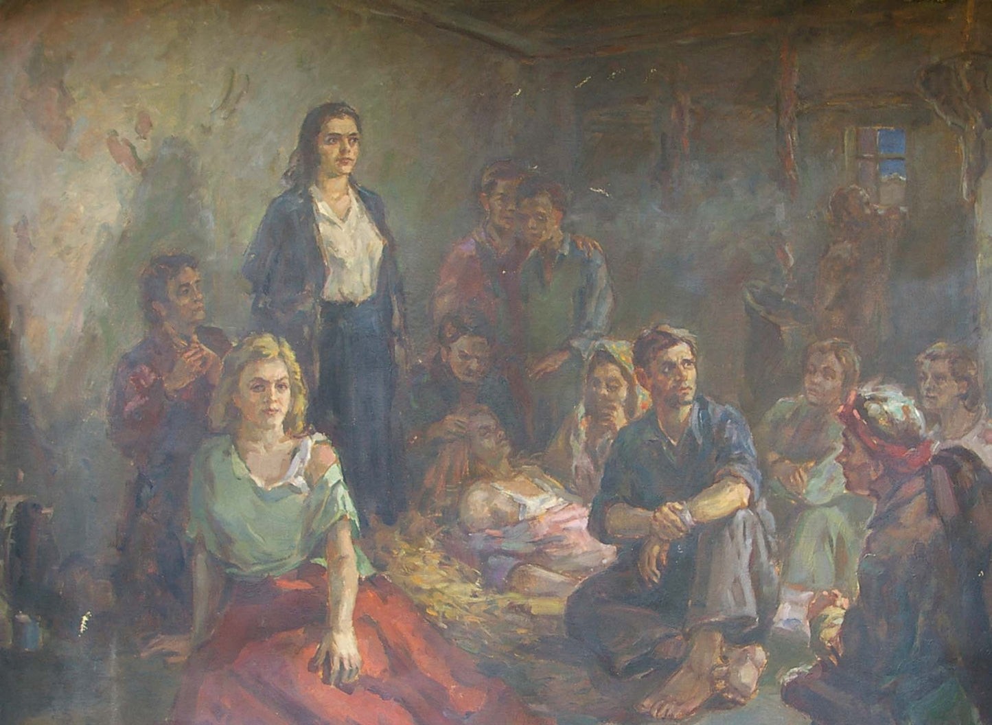 Oil painting Young Guards by Kop Shidlovskiy, warm rustic interior gathering
