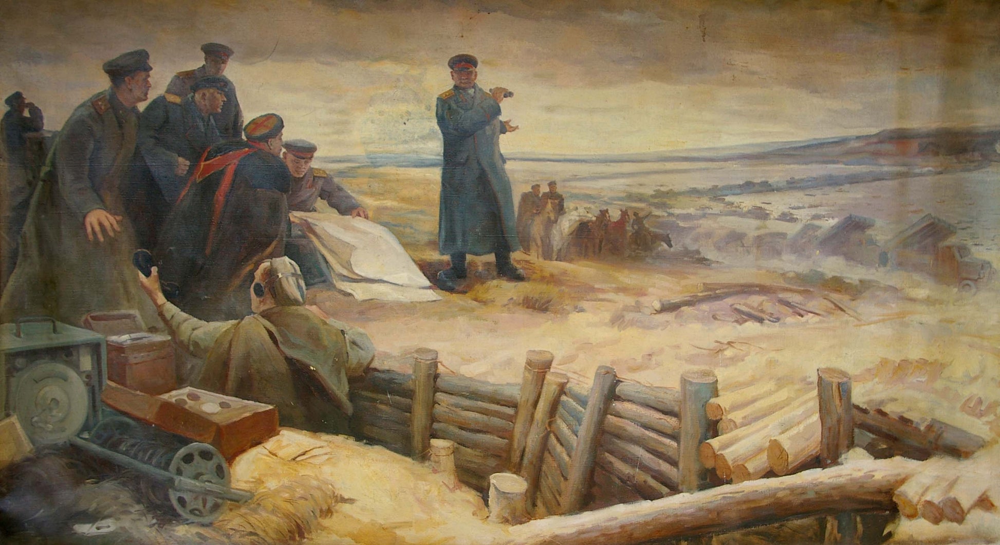 Oil painting Before the Fight: men in uniforms by fence and machinery in field