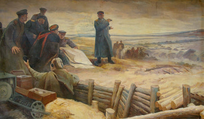 Oil painting Before the Fight: men in uniforms at open grave, unknown artist