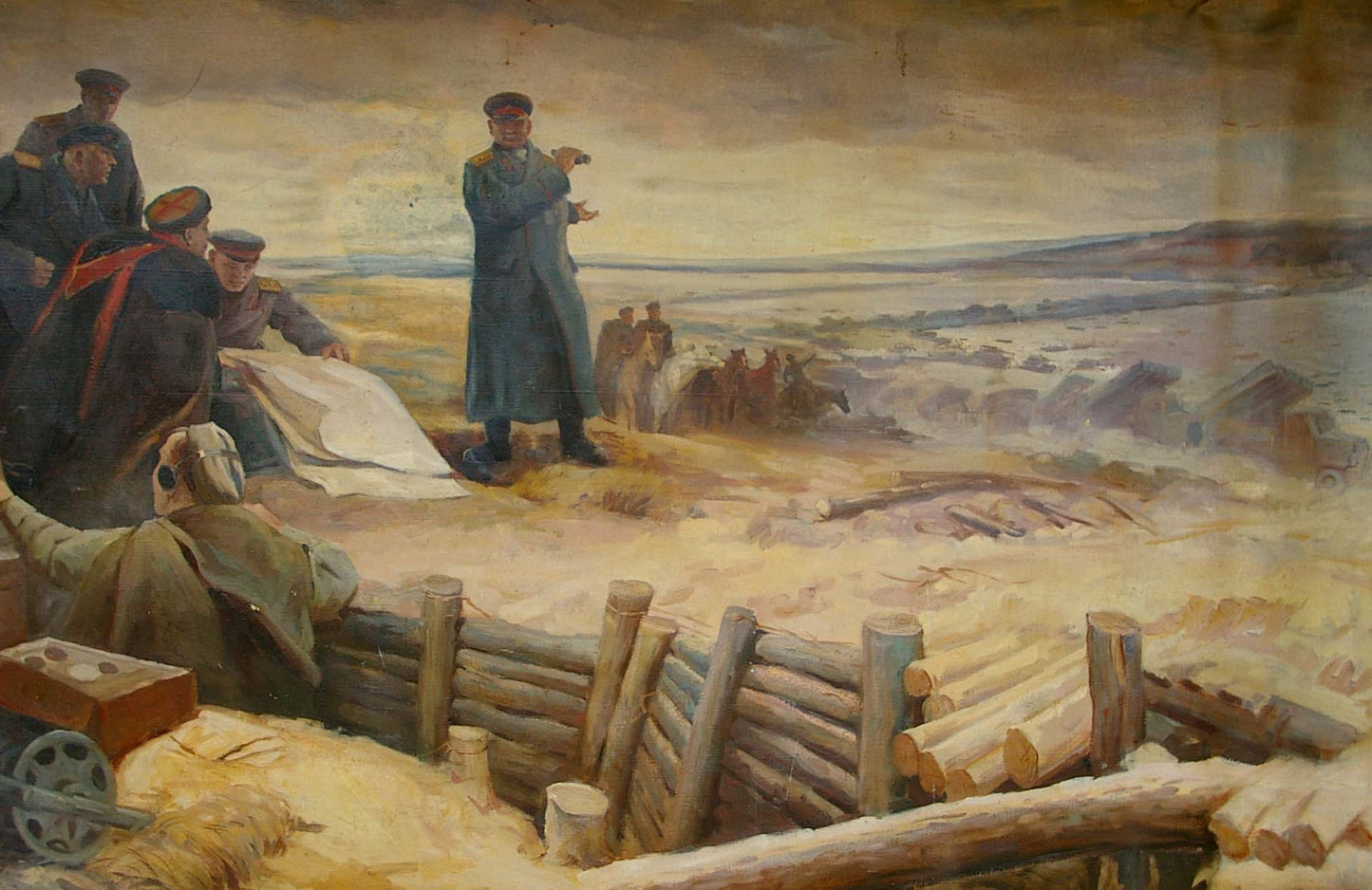Oil painting Before the Fight by unknown artist: soldiers on barricade over battlefield
