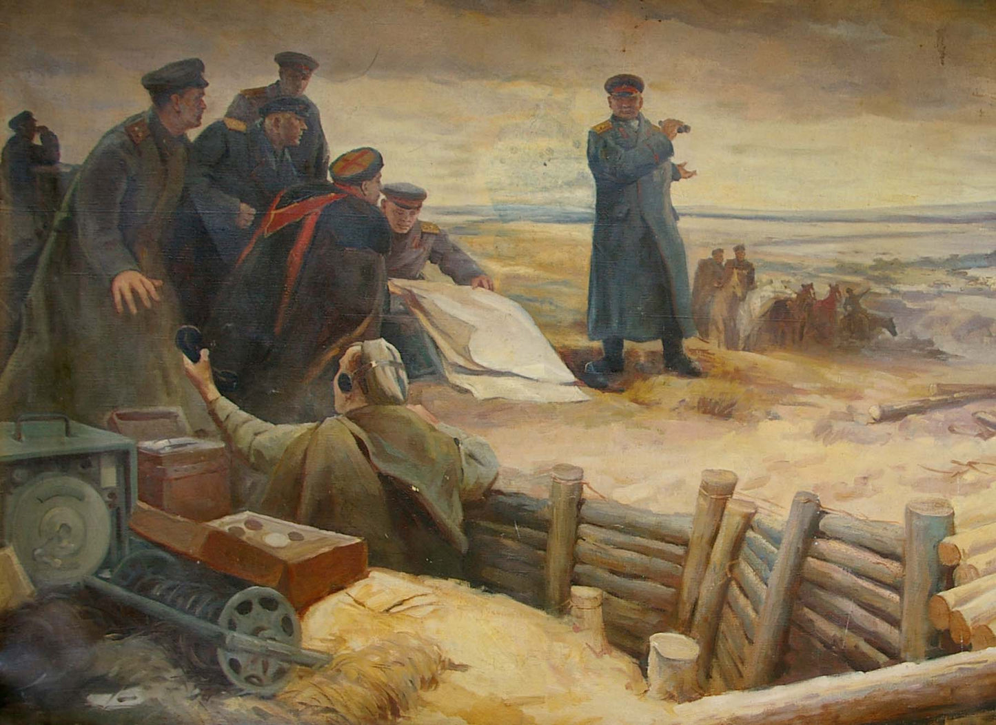 Oil painting Before the Fight: soldiers by fence, officer gesturing