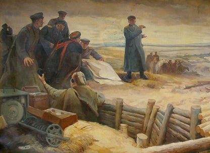 Oil painting Before the Fight: soldiers by fence, officer gesturing