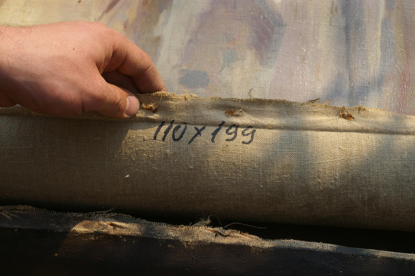 Weathered beige canvas roll back of Oil painting Before the fight by unknown artist