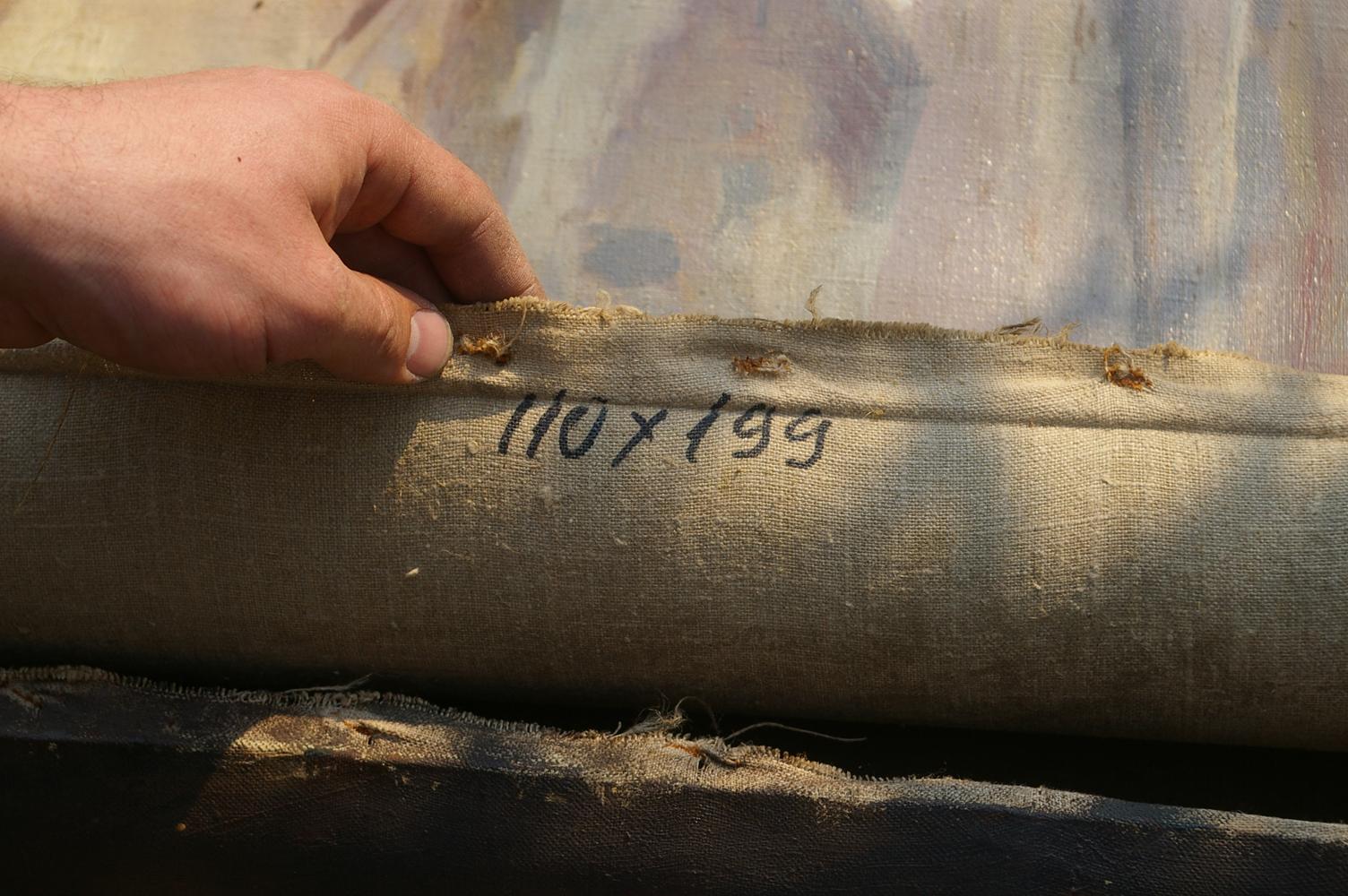 Weathered beige canvas roll back of Oil painting Before the fight by unknown artist