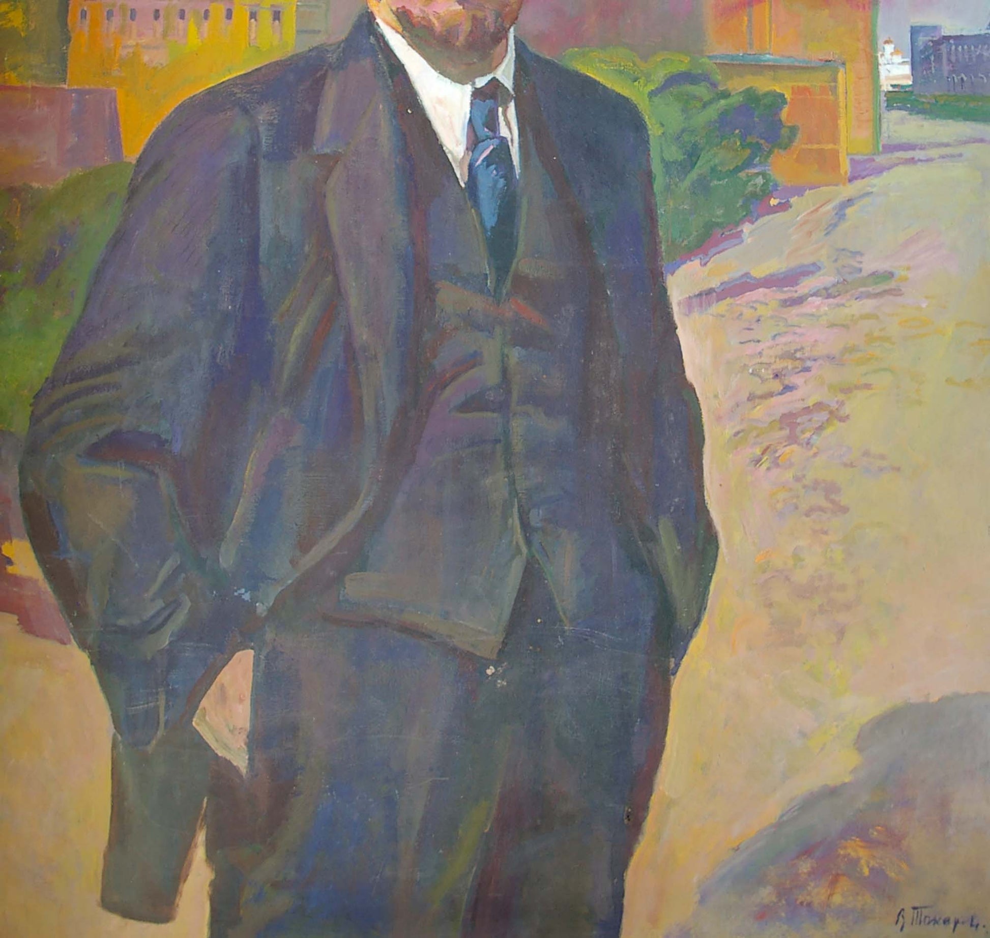 Oil painting portrait of Lenin walking by Tokarev, man in blue suit