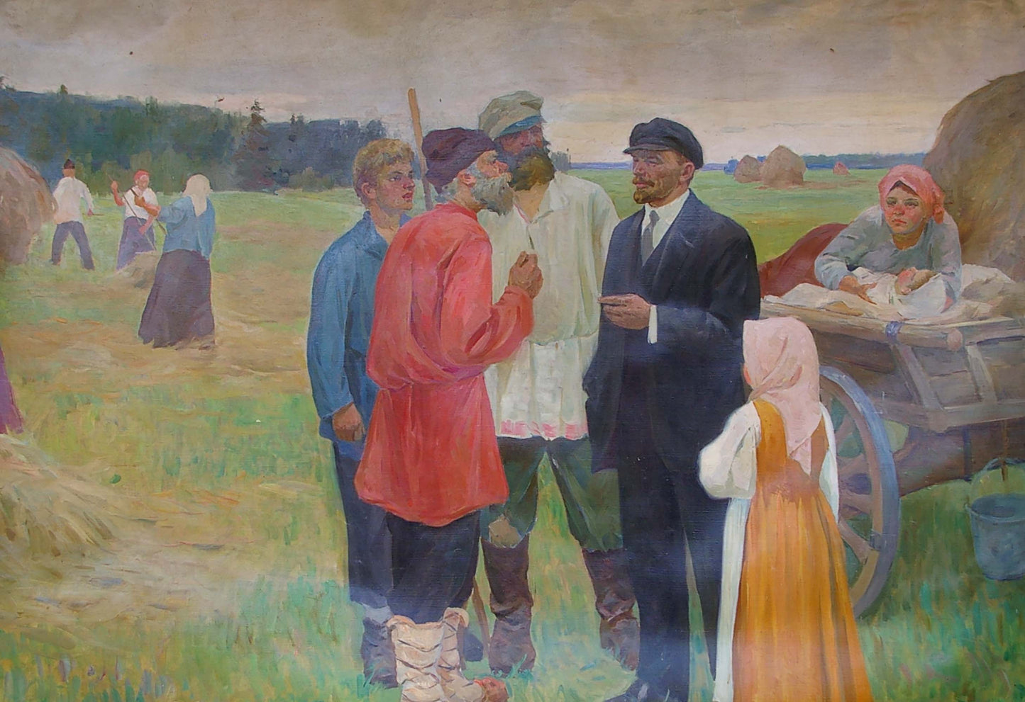 Oil painting of Lenin in navy suit and cap with peasants by Sitdikov Haris Latyfovich