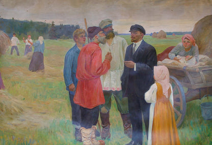 Oil painting of Lenin in navy suit and cap with peasants by Sitdikov Haris Latyfovich