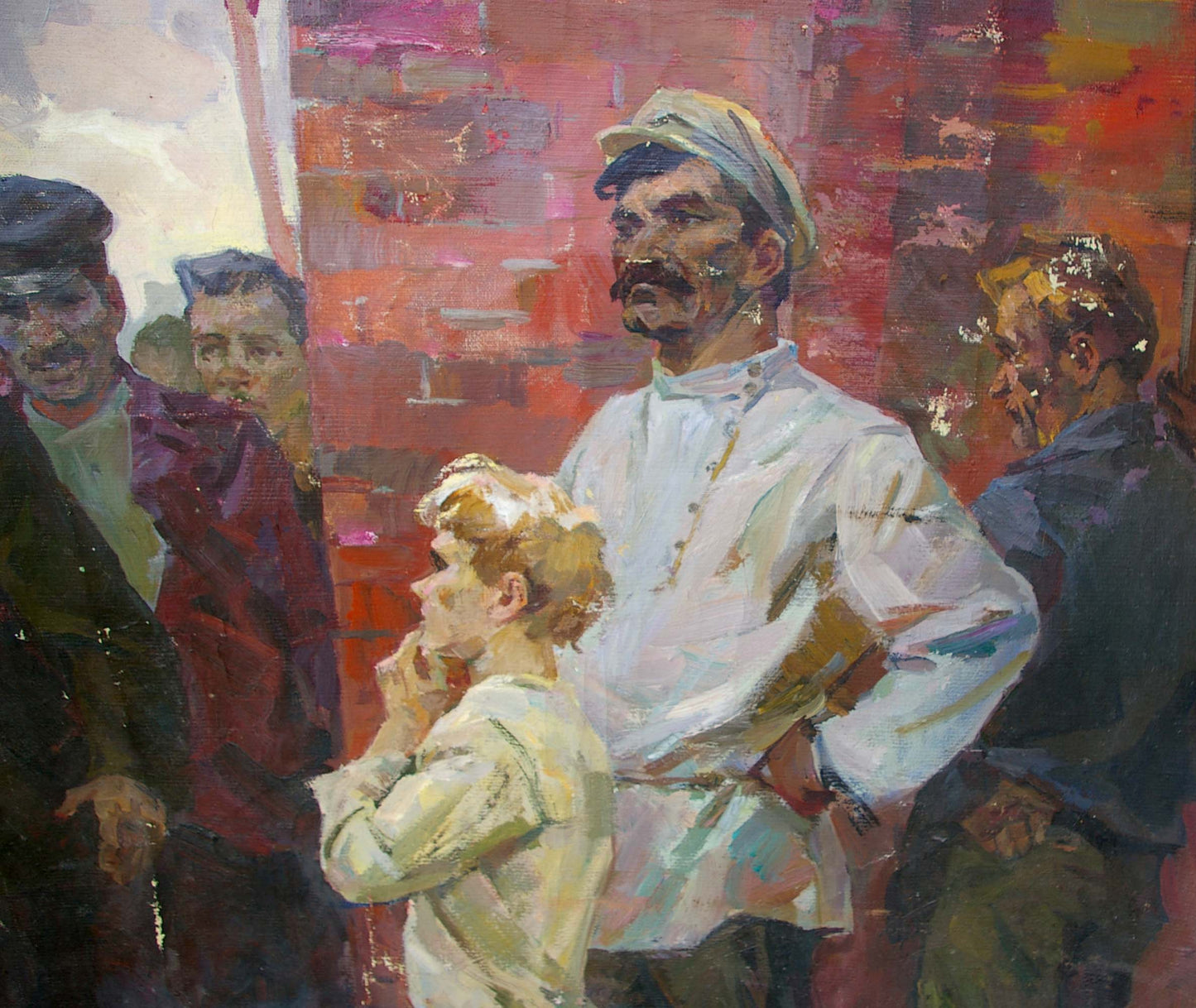 Vibrant oil painting by Kovalenko Semyon Dmitrievich of man and child by brick wall