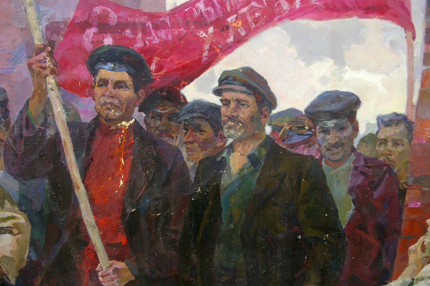 Oil painting of man holding vibrant red protest flag by Kovalenko Semyon Dmitrievich