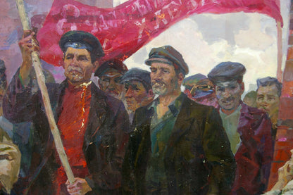 Oil painting of man holding vibrant red protest flag by Kovalenko Semyon Dmitrievich