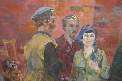 Oil painting by Kovalenko Semyon Dmitrievich: woman in green dress with blue headscarf beside two men