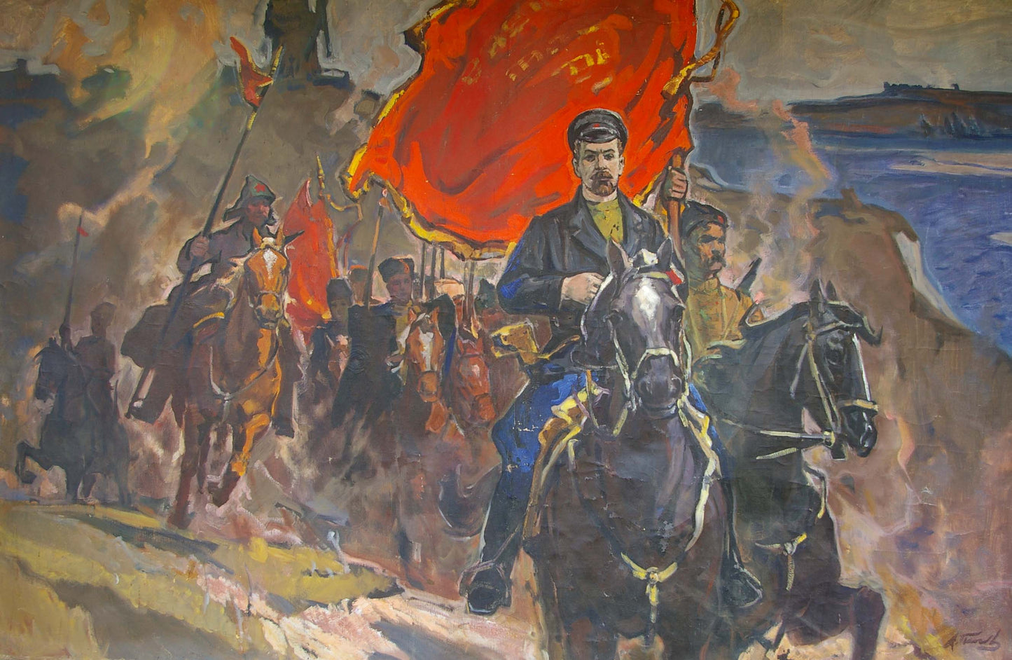 Vibrant red flag with golden embroidery in Shchors oil painting by Popov Alexey Alekseevich