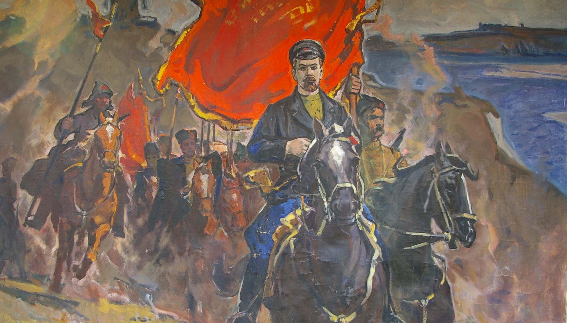 Oil painting Shchors by Popov Alexey Alekseevich: soldiers on horseback with red flag
