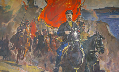Oil painting by Popov Alexey Alekseevich: vibrant red flag with gold lettering above mounted Shchors