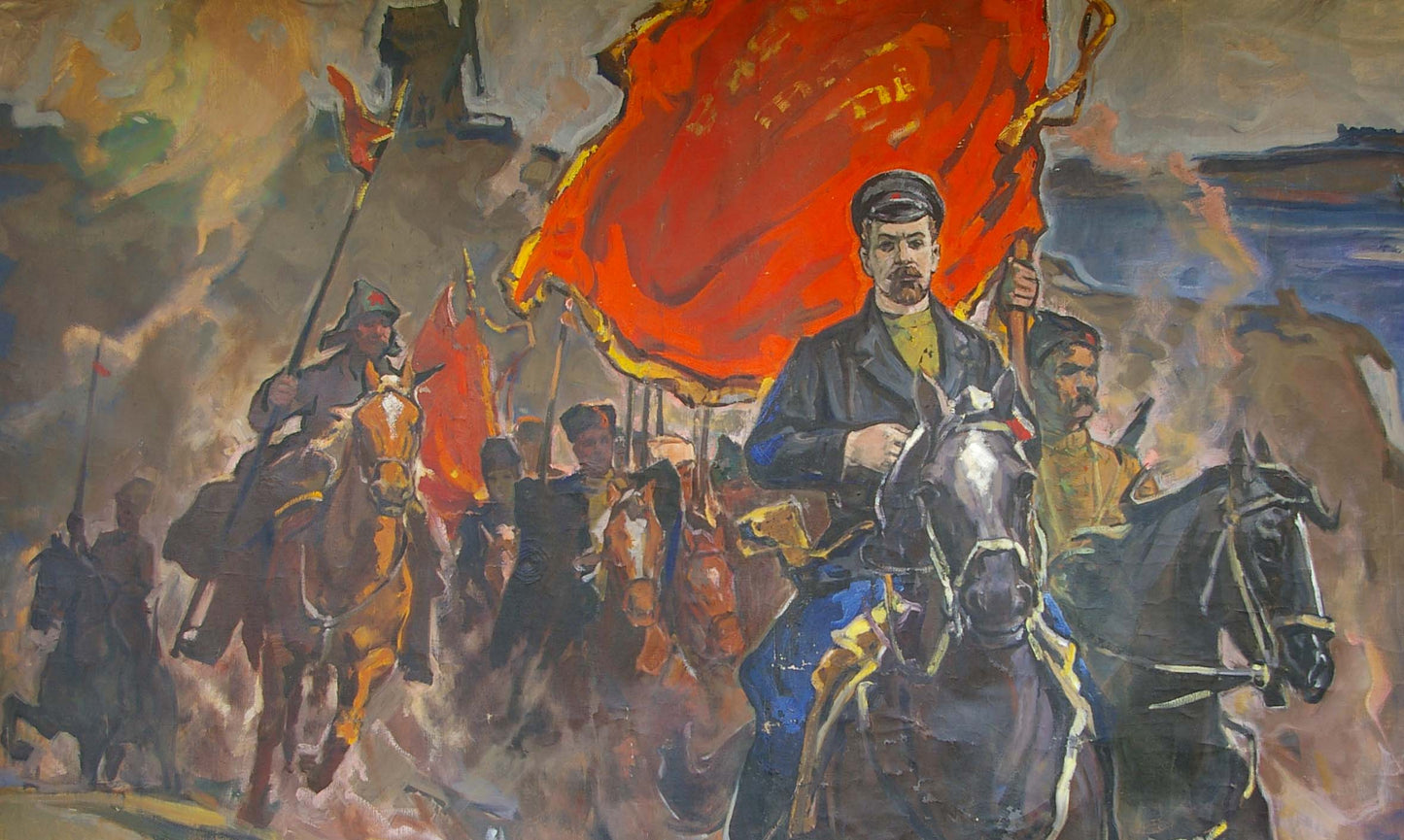Oil painting Shchors by Popov Alexey Alekseevich: vibrant red flag with golden tassels