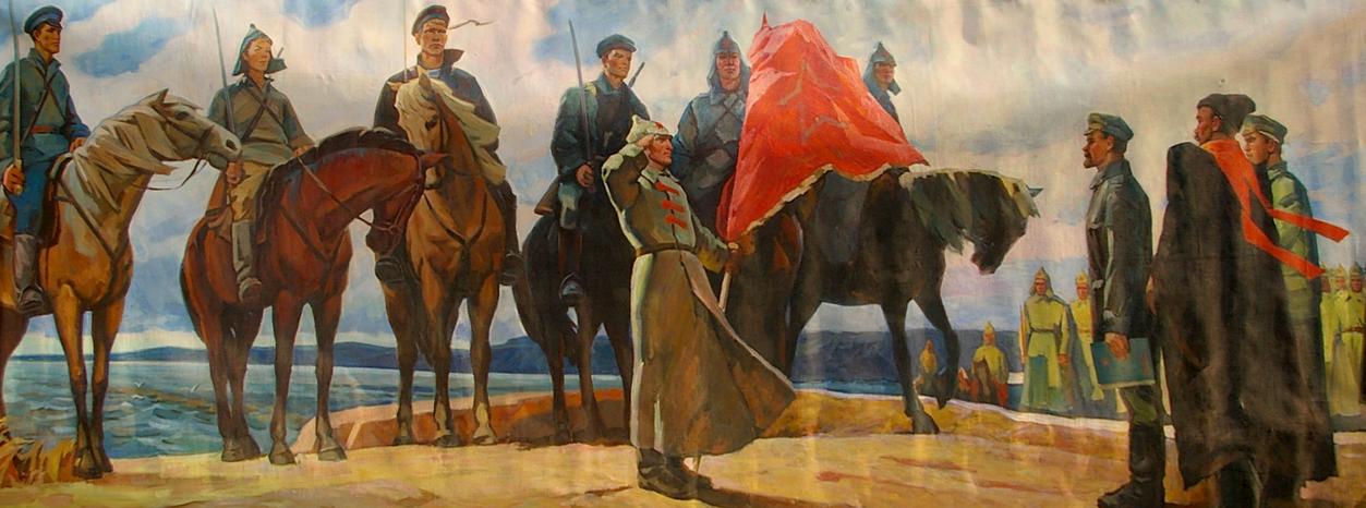 Oil painting of soldier holding red flag and Lenin