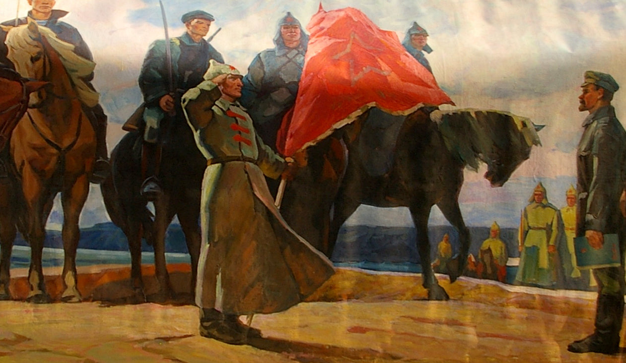 Oil painting of soldiers and Lenin with red flag and golden star