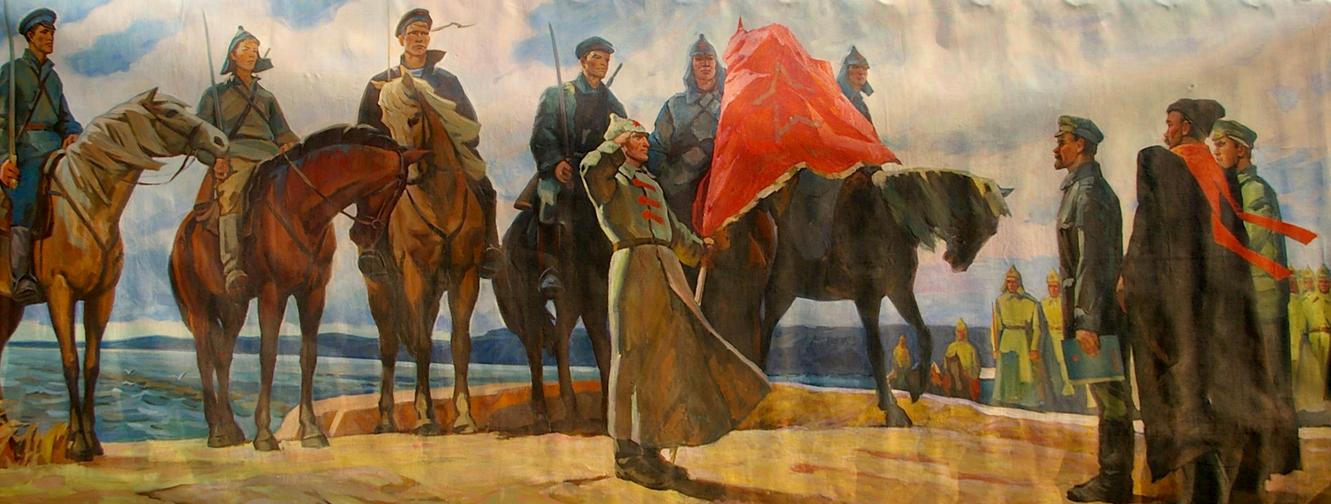 Oil painting of soldiers and Lenin with red flag on horseback