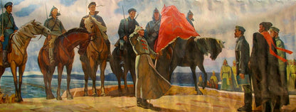 Oil painting of soldiers and Lenin with red flag on horseback