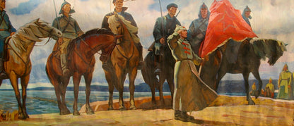 Vibrant red flag fluttering on dark horse back in Soldiers and Lenin oil painting