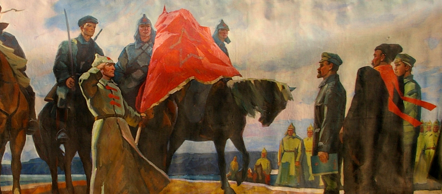 Oil painting of soldiers carrying red flag with Lenin emblem