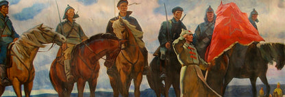 Oil painting of mounted soldier with red flag, golden star, and Lenin