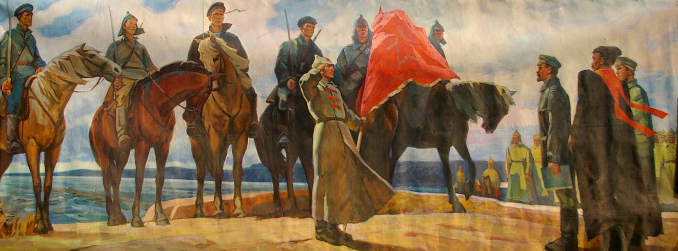 Oil painting of soldier on horseback holding red flag with Lenin