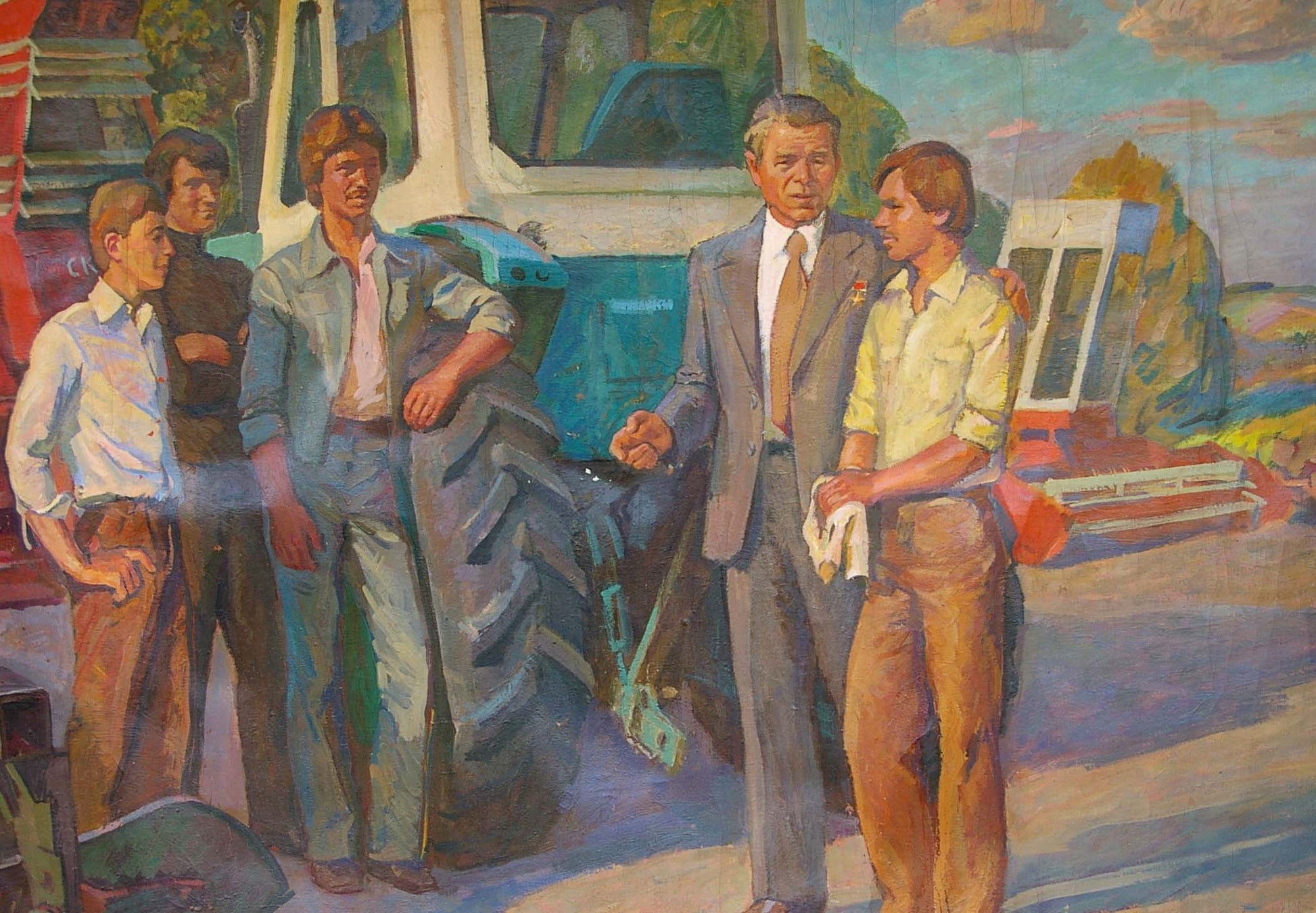 Vintage oil painting by Kozik Viktor Georgievich of workers by teal tractor tire