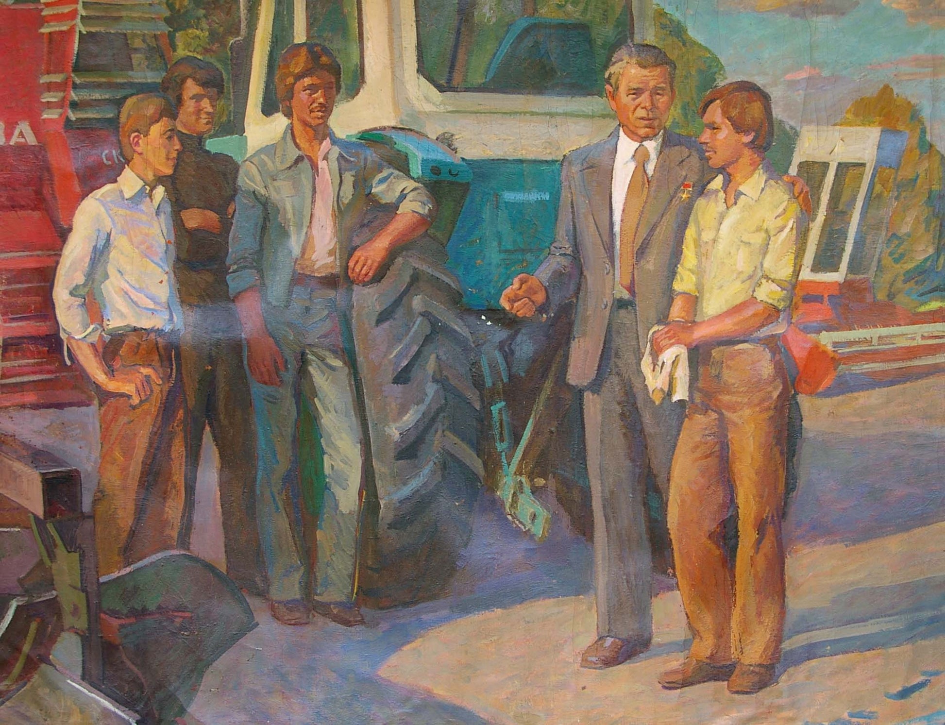 Oil painting by Kozik Viktor Georgievich: workers by blue tractor